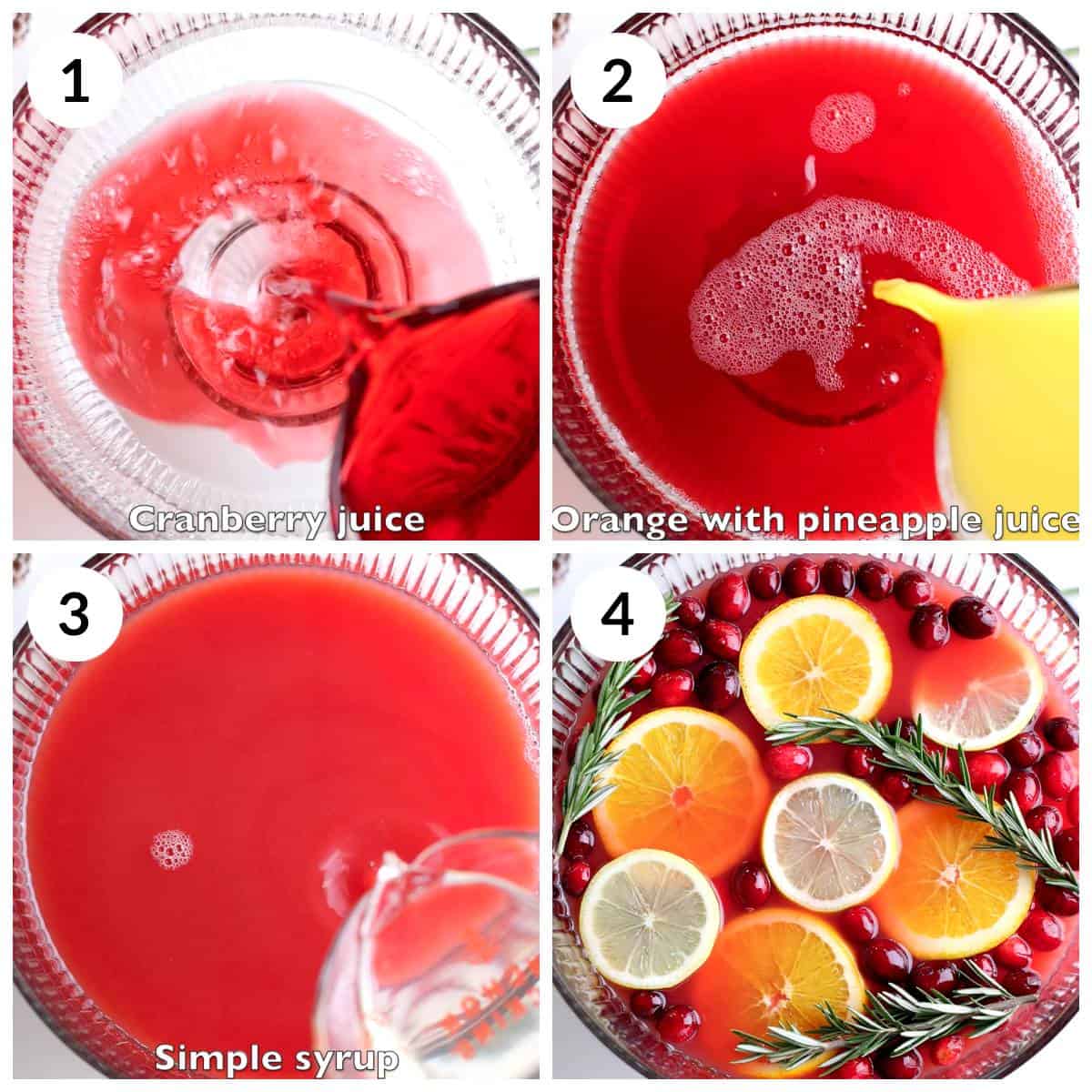 Steps for mixing the juices, orange, lemon slices and rosemary in punch bowl to make Christmas punch