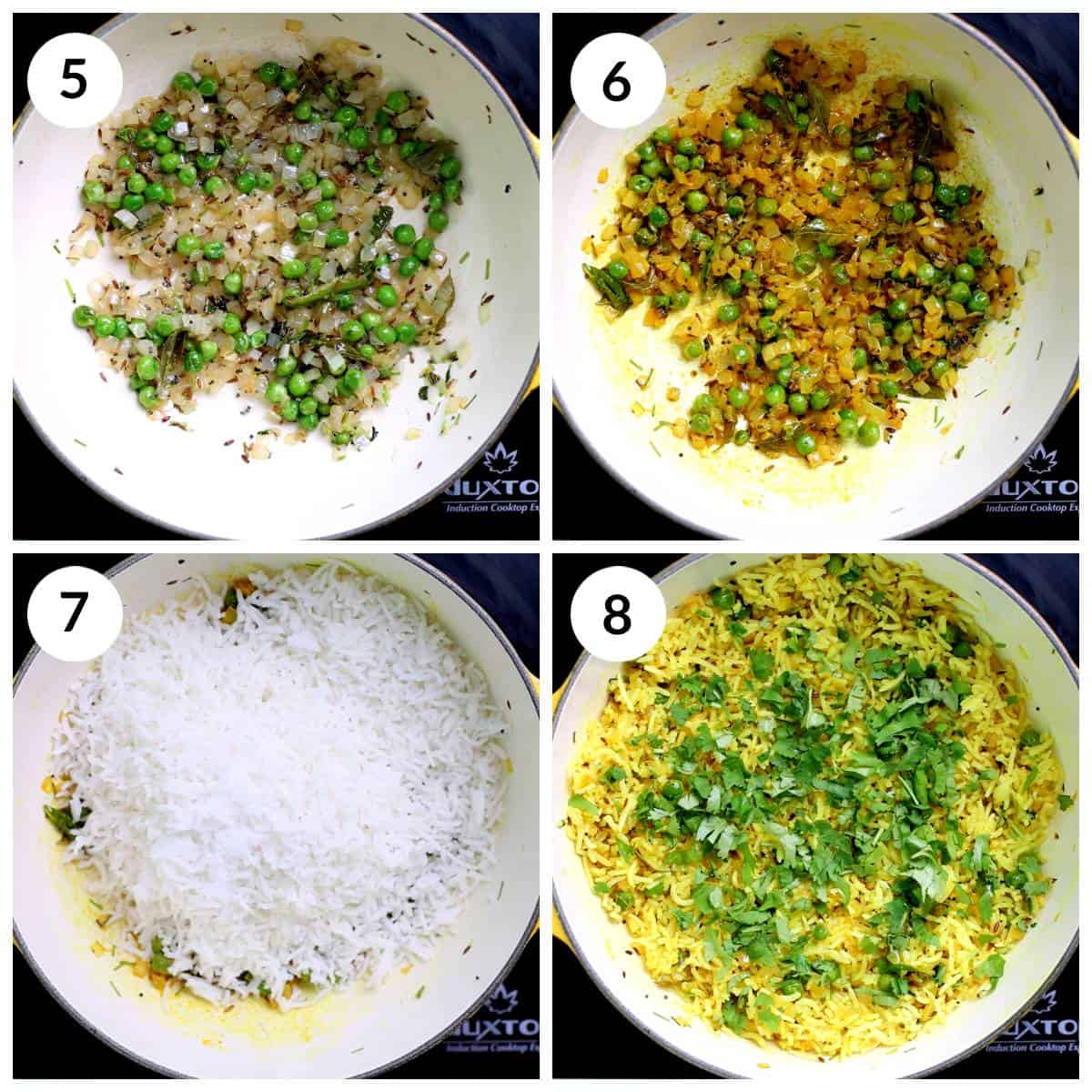 Adding turmeric, rice, lemon juice and cilantro to make phodnicha bhaat