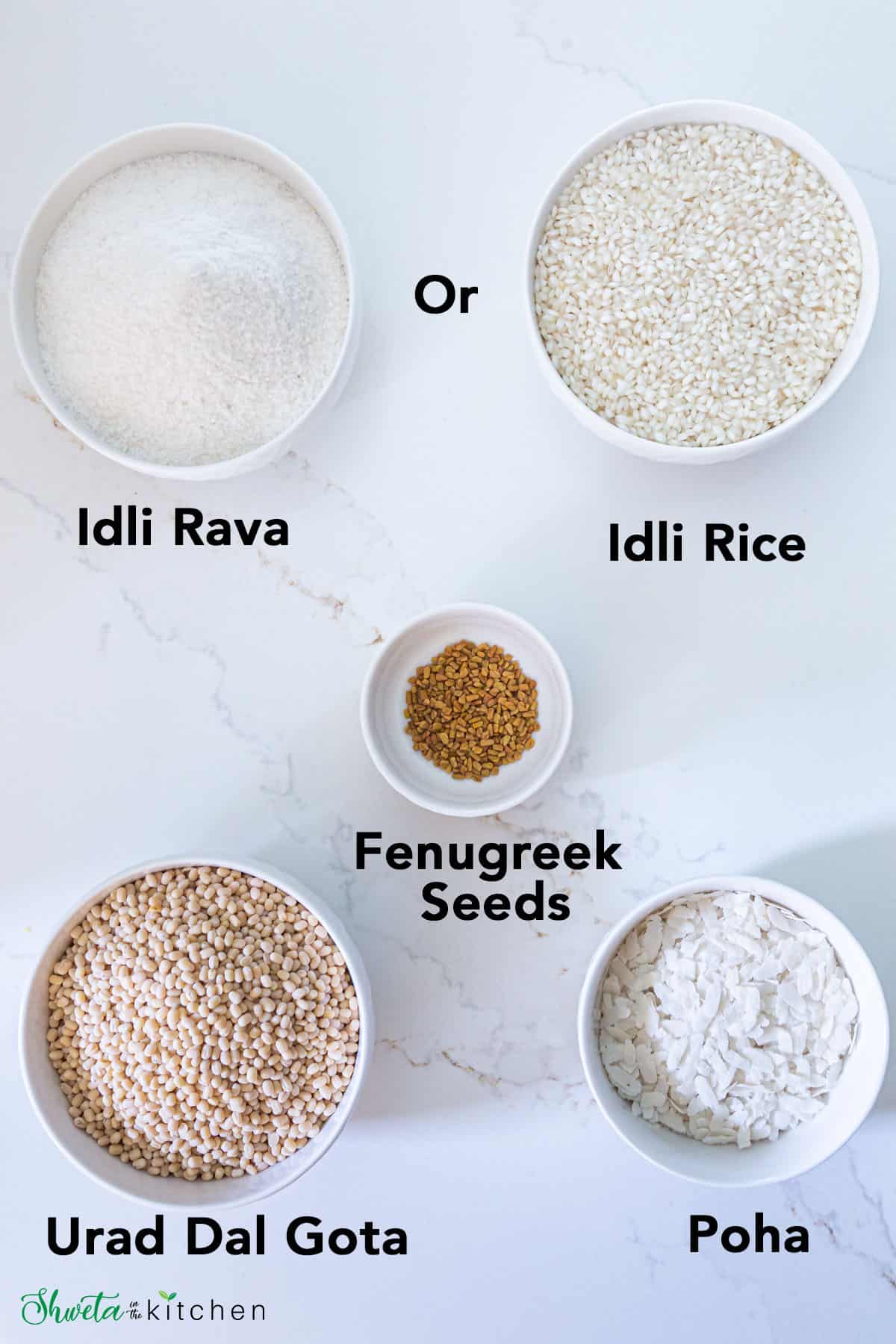 Ingredients to make soft idli batter in bowls on white surface