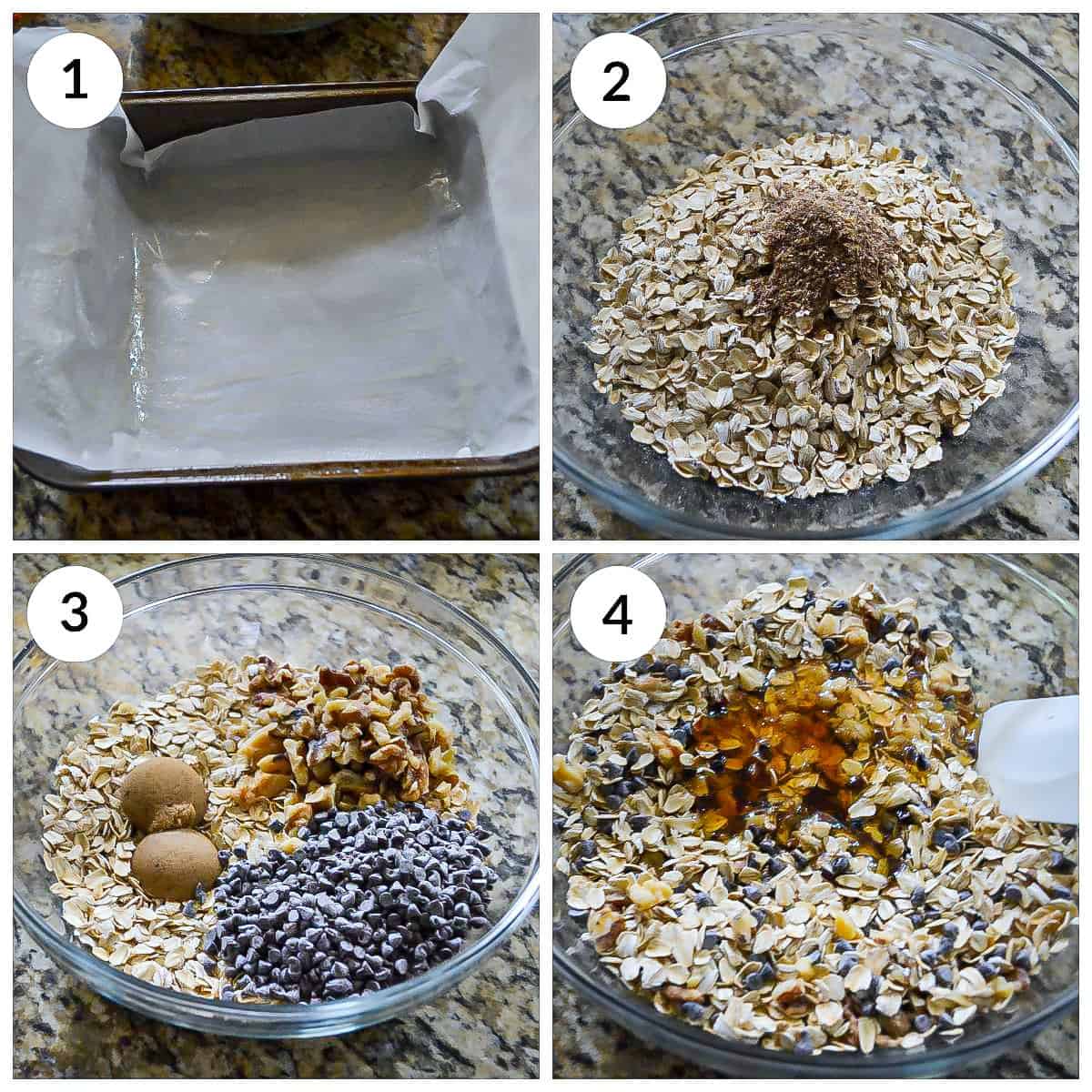 Mixing dry and wet ingredients for making chocolate chip granola bars