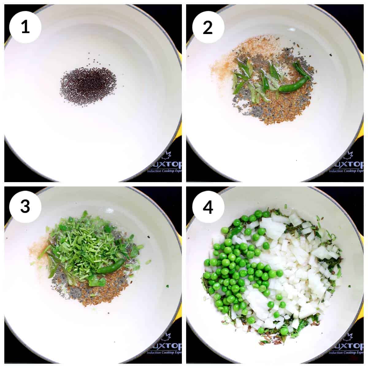 Steps for making tempering andd sautéing onion and peas for phodnicha bhaat