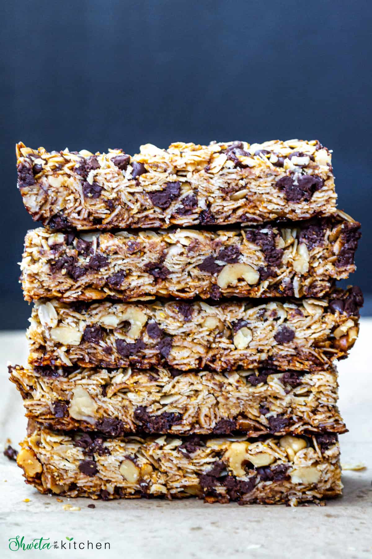 Side view of stacked homemade healthy chewy granola bars