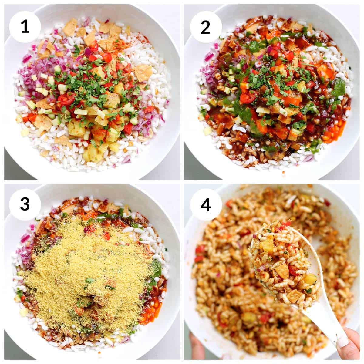 steps for making bhel puri by mixing all the ingredients and three chutneys together