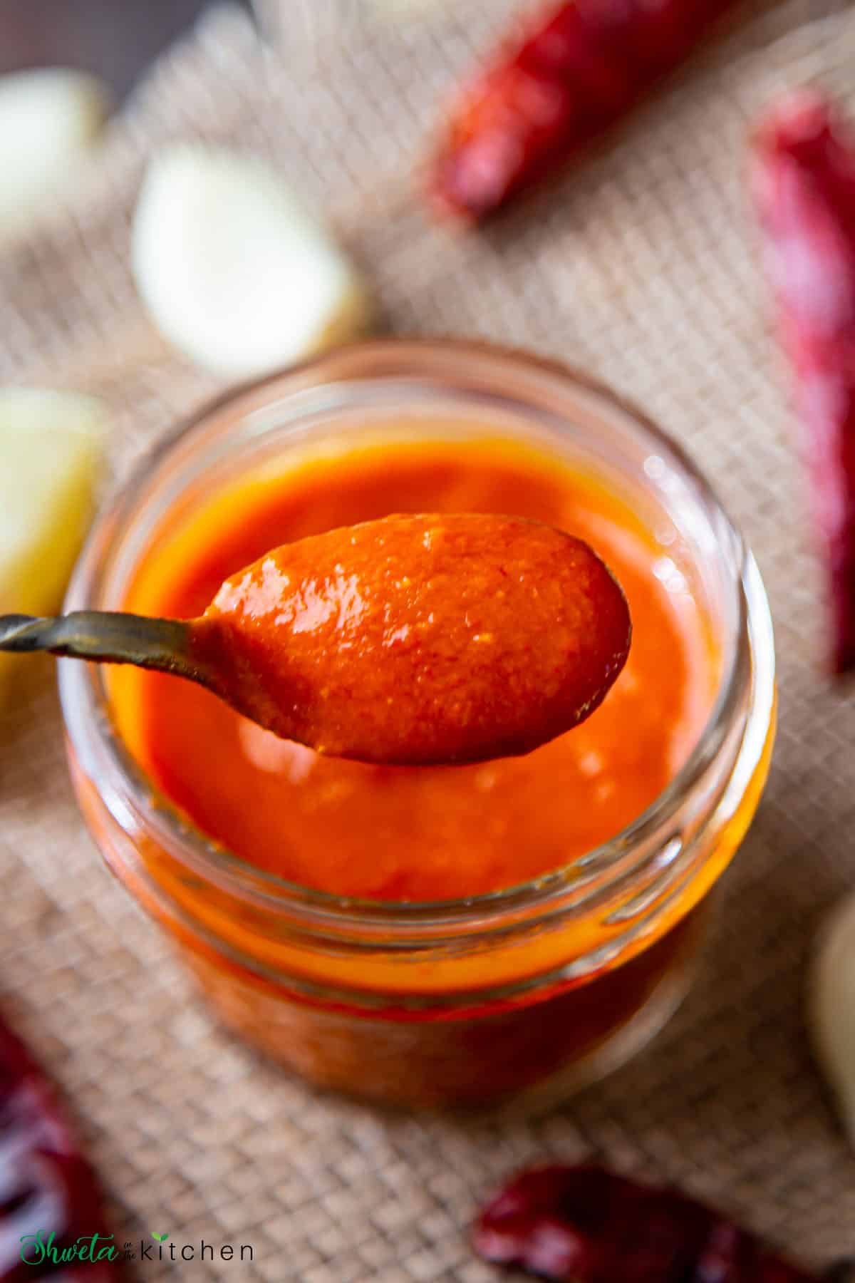 Close up pic of spoonful of red chilli and garlic chutney 