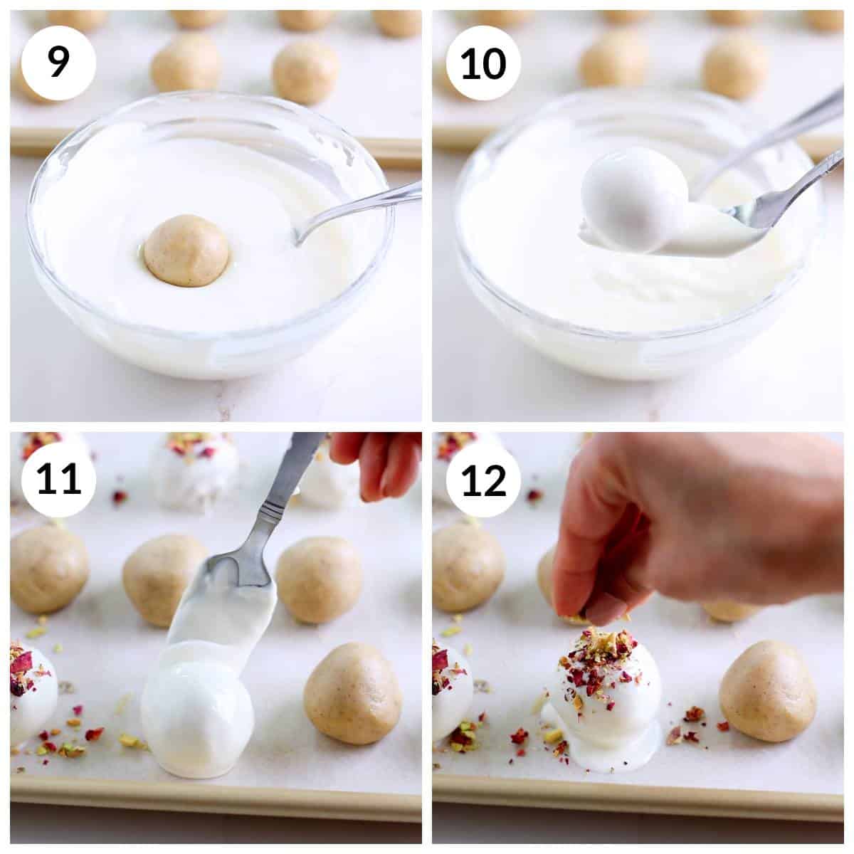 Steps for coating Thandai truffles in white chocolate and garnishing with rose petals and pistachios