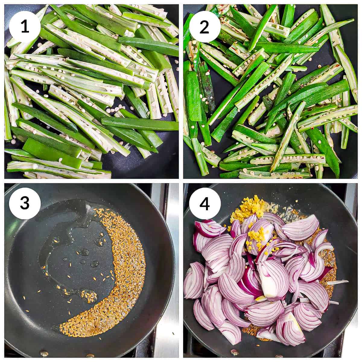Steps for roasting bhindi and then adding onions and ginger