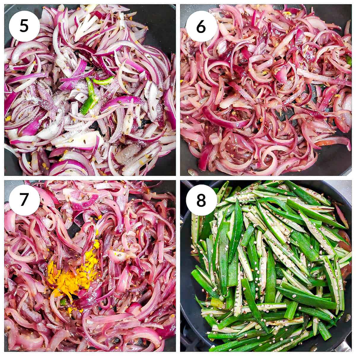 Steps for sauteing onions, ginger and green chili until onions are soft for bhindi do pyaza