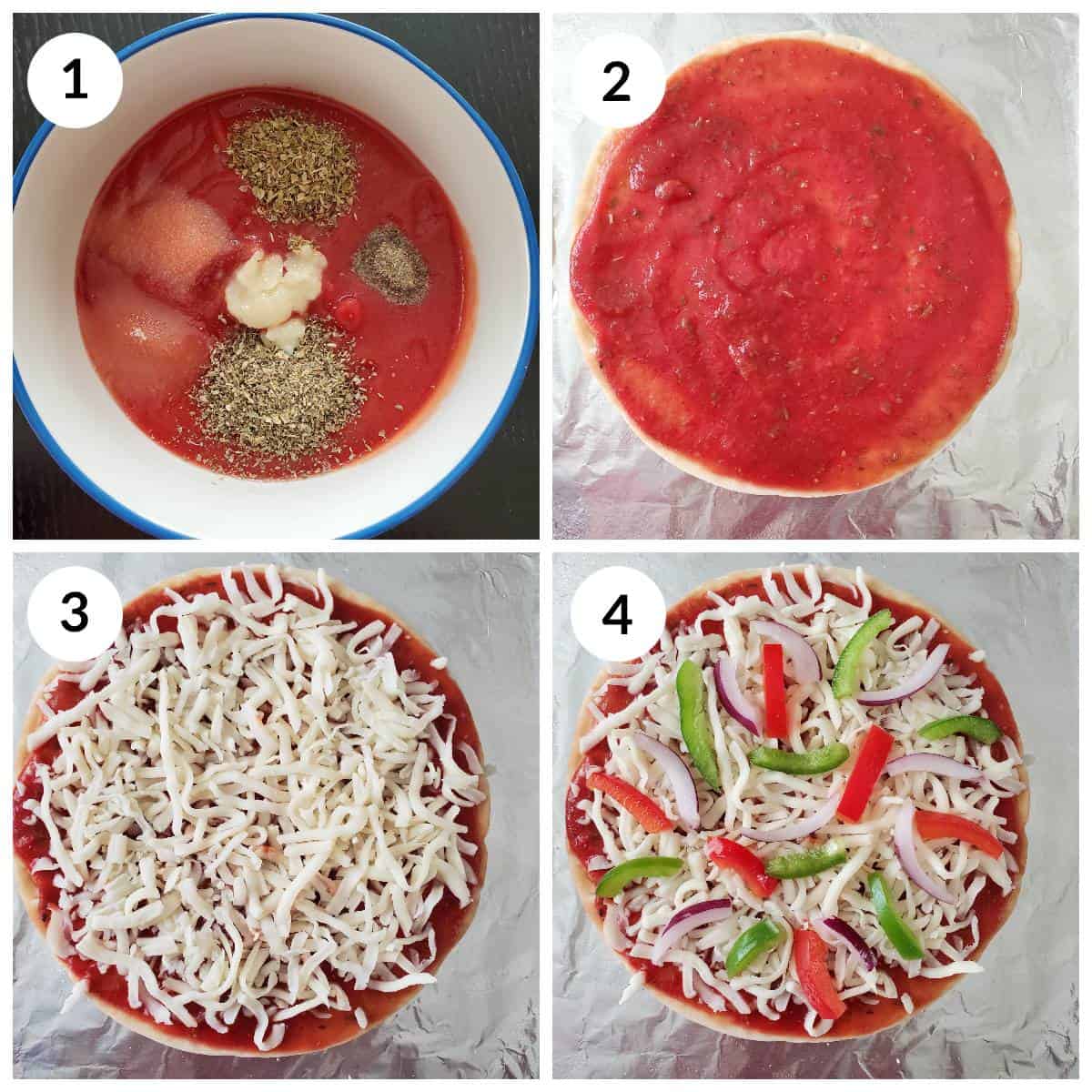 Steps for making pizza sauce and layering the sauce, cheese and veggies for Pita Bread Pizza