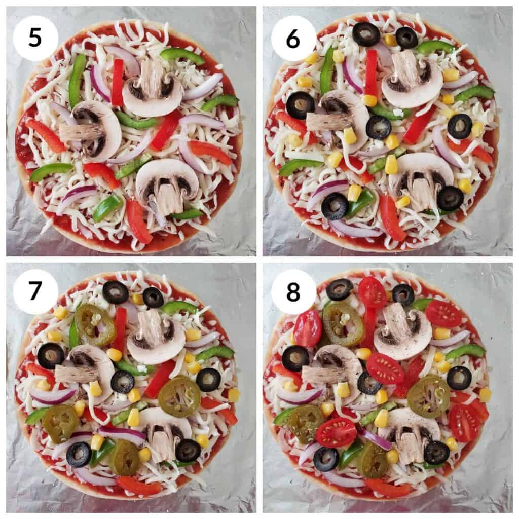 4 steps for layering veggies on pita bread pizza
