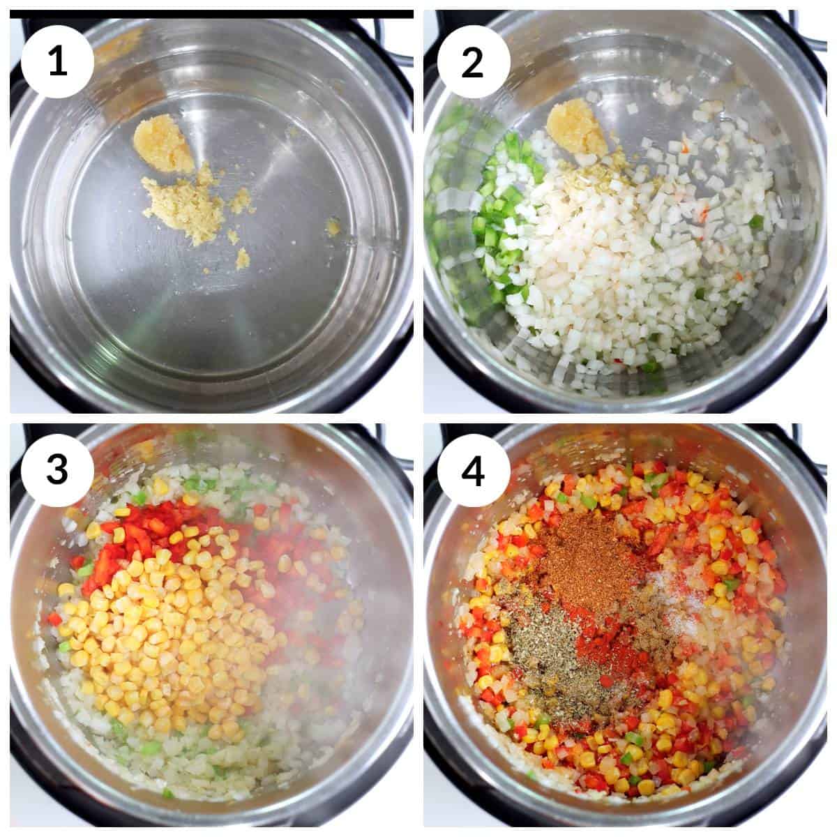 4 steps for sauteing veggies and spices for Taco pasta in Instant Pot