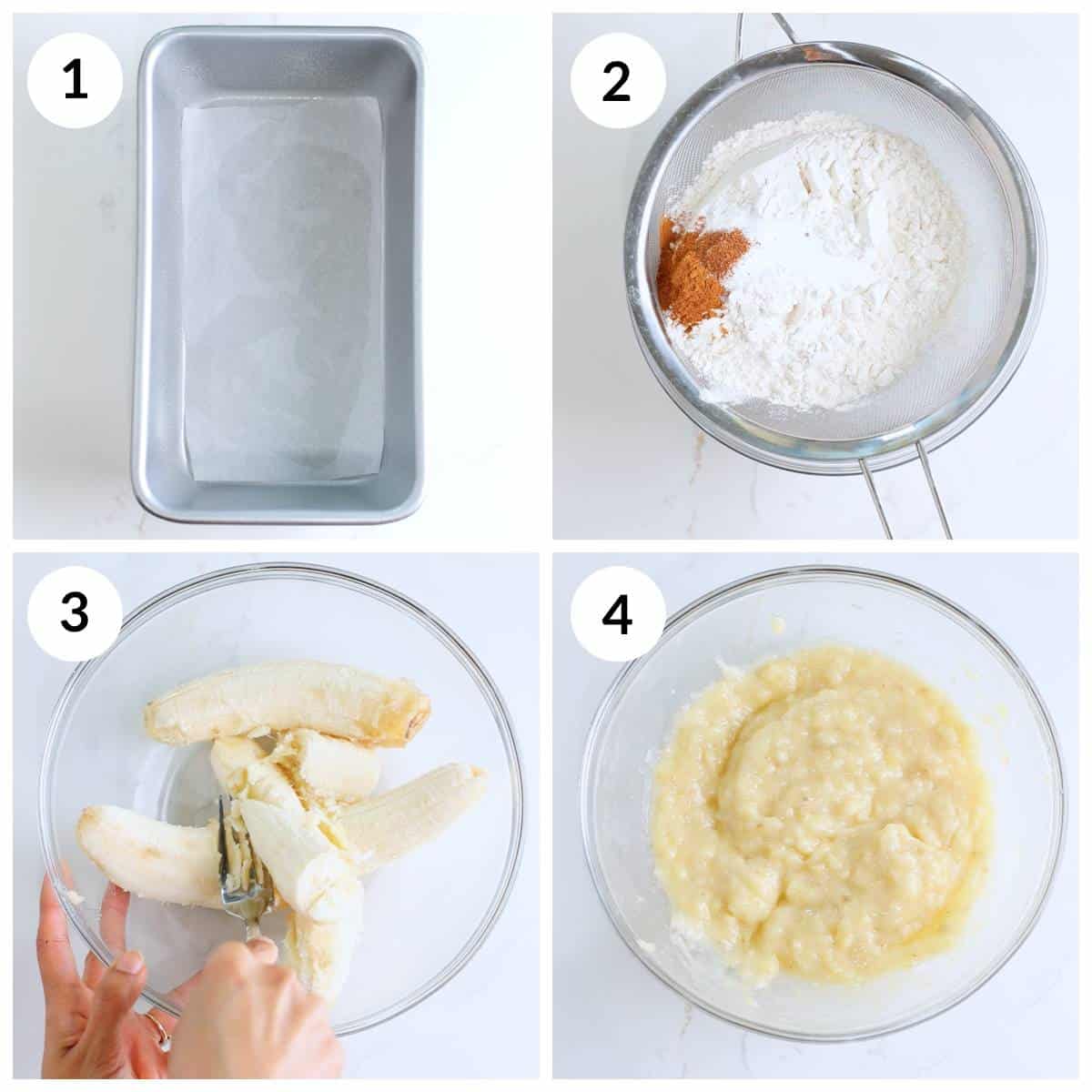 Steps for sifting dry ingredients & mashing bananas for eggless banana bread