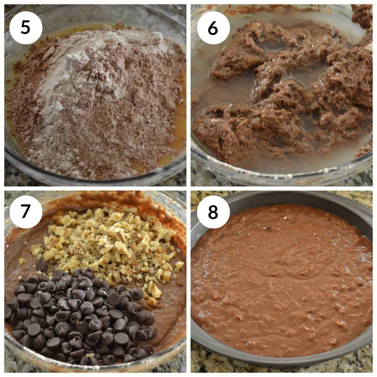 Steps for mixing the dry and we ingredients for chocolate banana cake