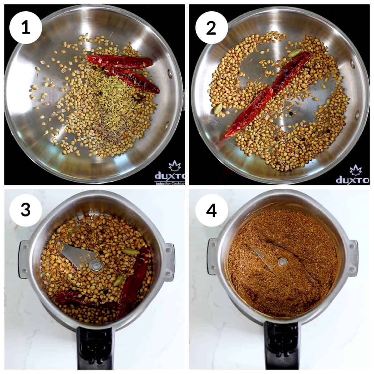 Steps showing roasting whole spices and grinding them for kadai paneer masala powder