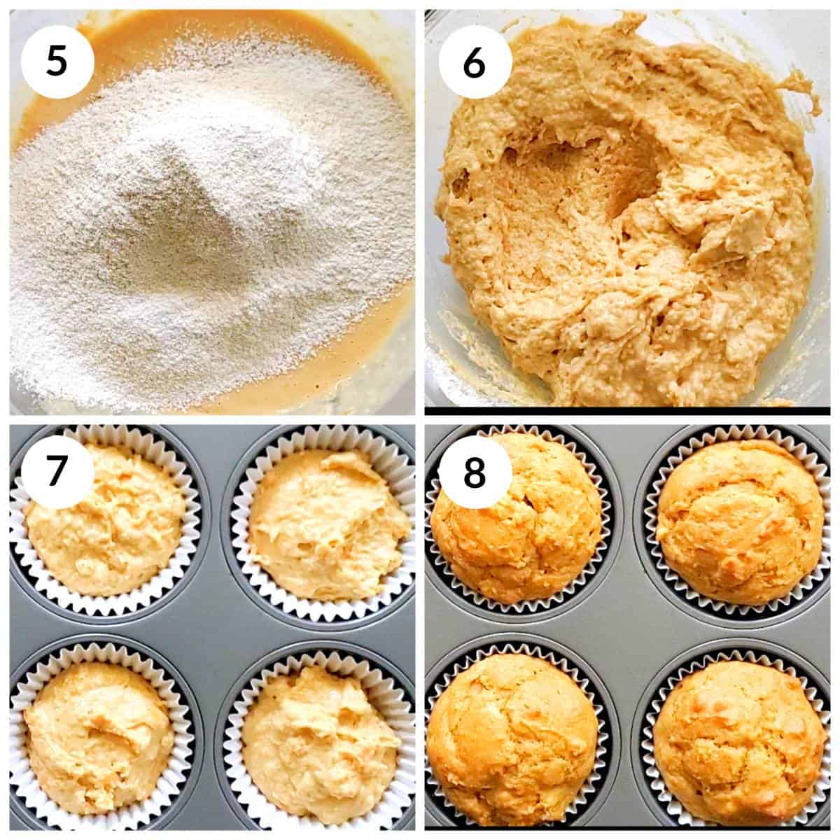 Steps to mix wet and dry ingredients for pupcakes and bake them