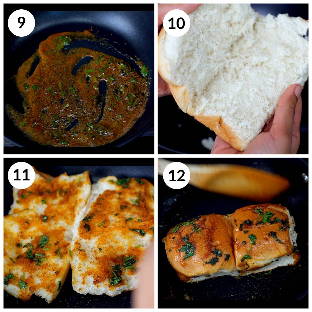 Steps for toasting pav (dinner rolls) with butter and pav bhaji masala