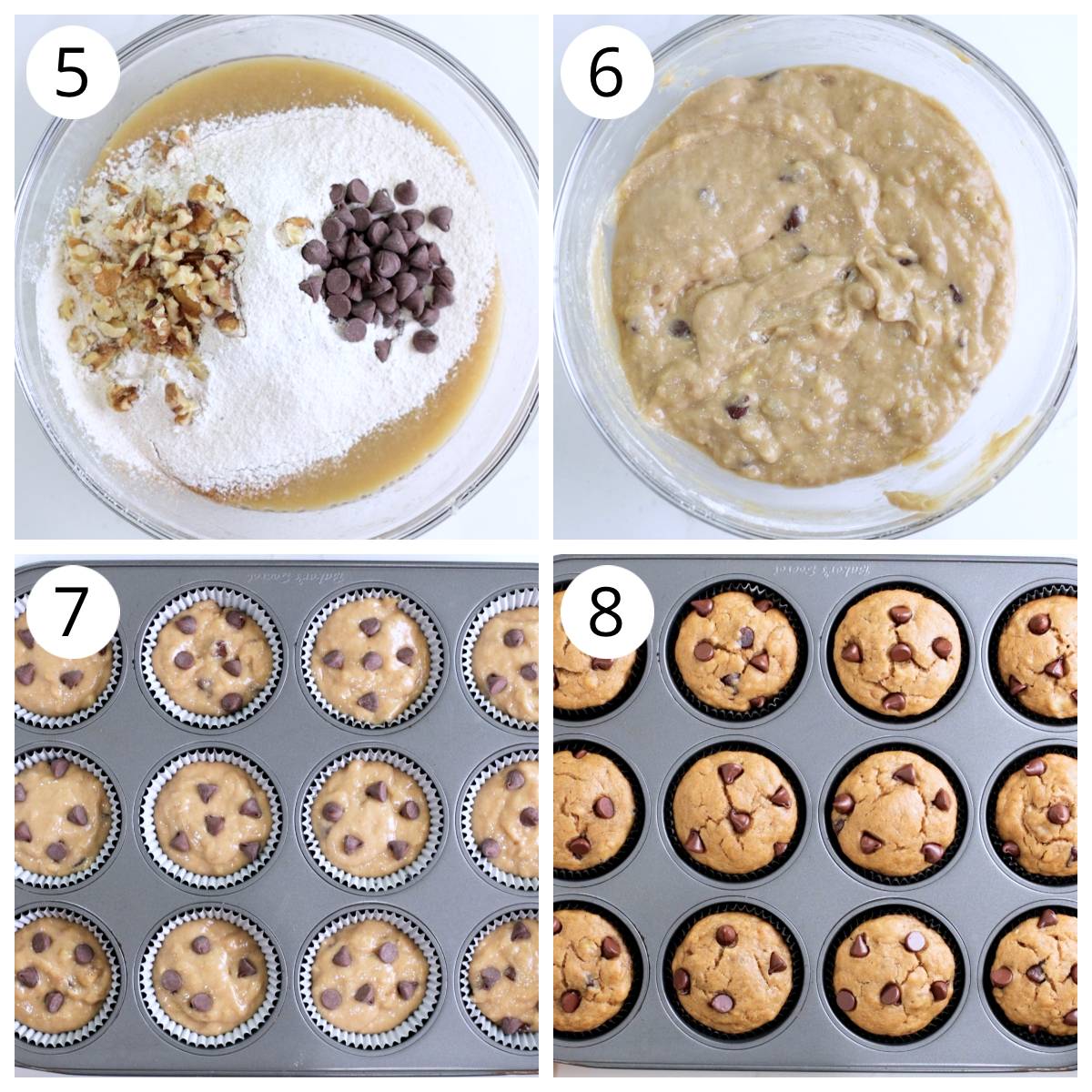 Steps for baking banana chocolate chip muffins