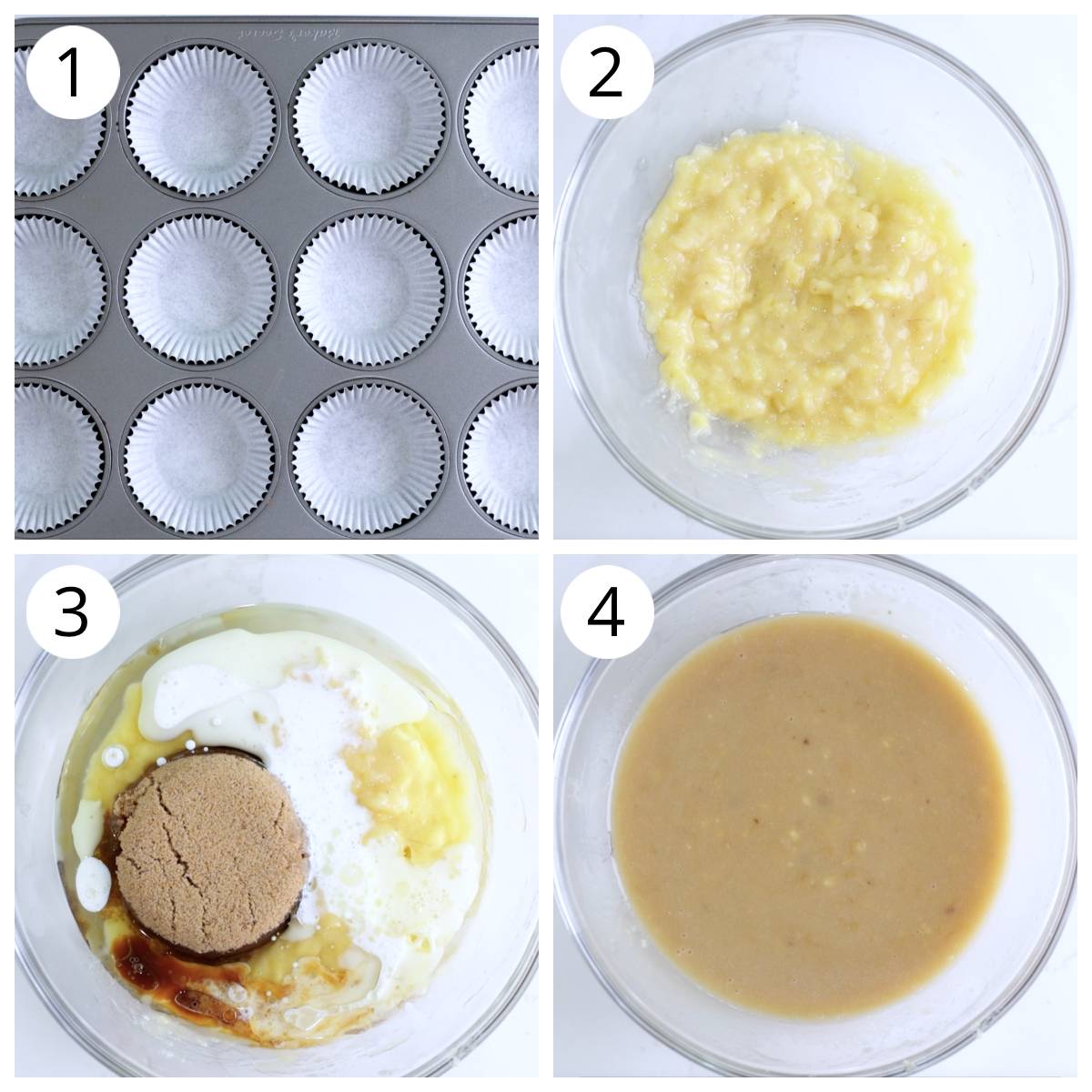 Steps for mixing wet ingredients for banana chocolate chip muffins