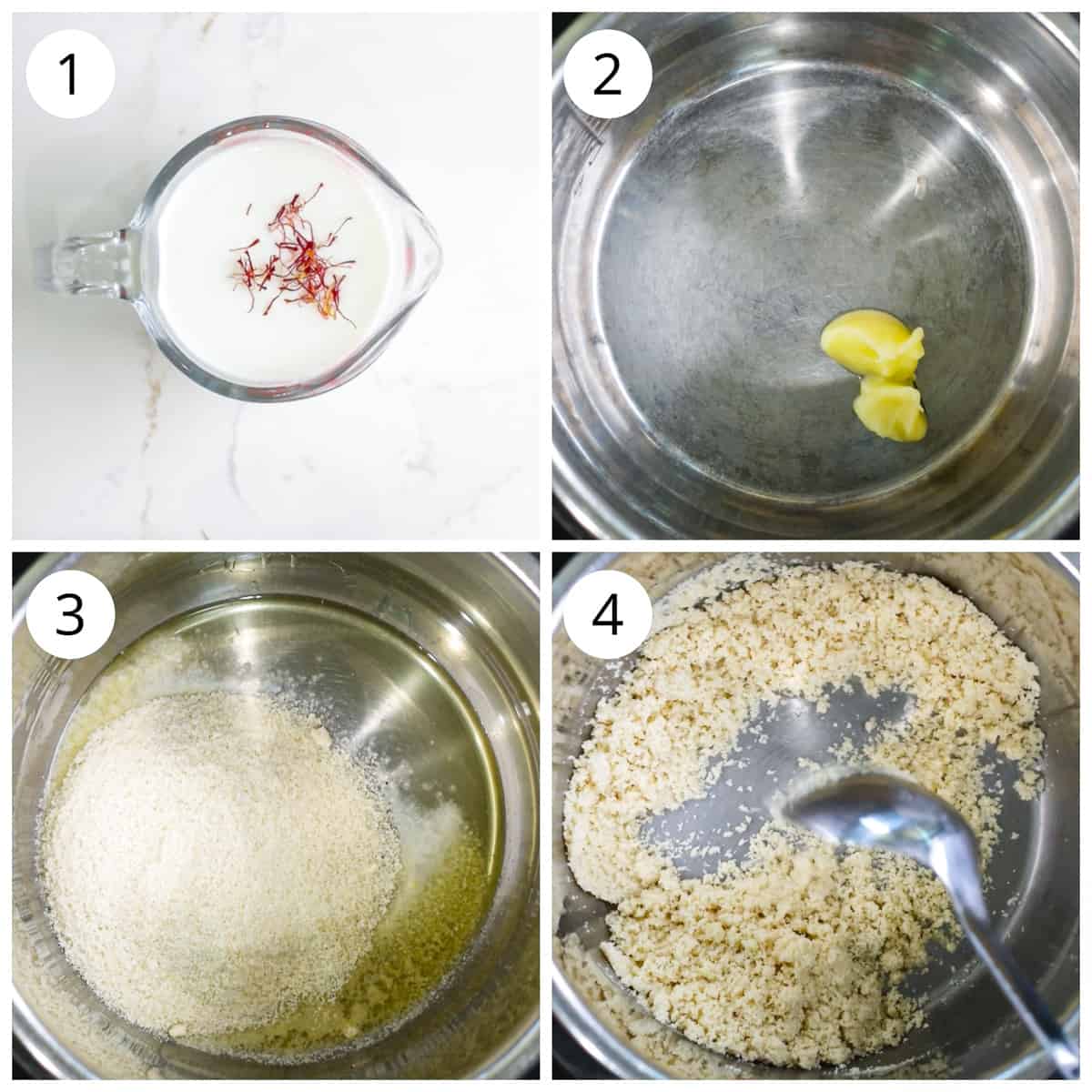 steps for roasting Almond flour in ghee for badam halwa