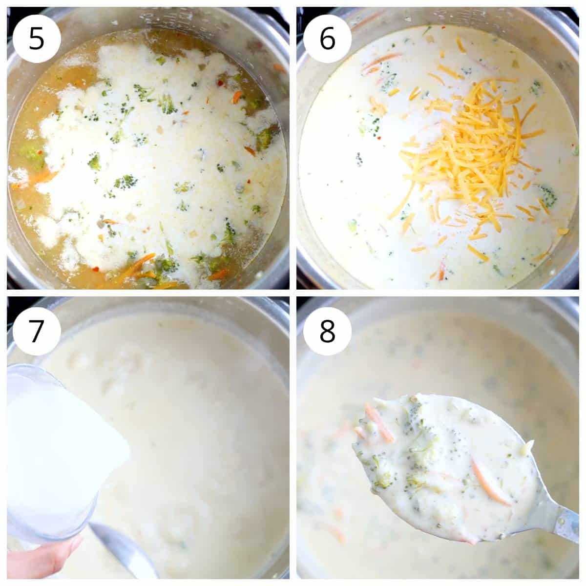 Steps to add cream, cheese and thicken the broccoli cheddar soup 