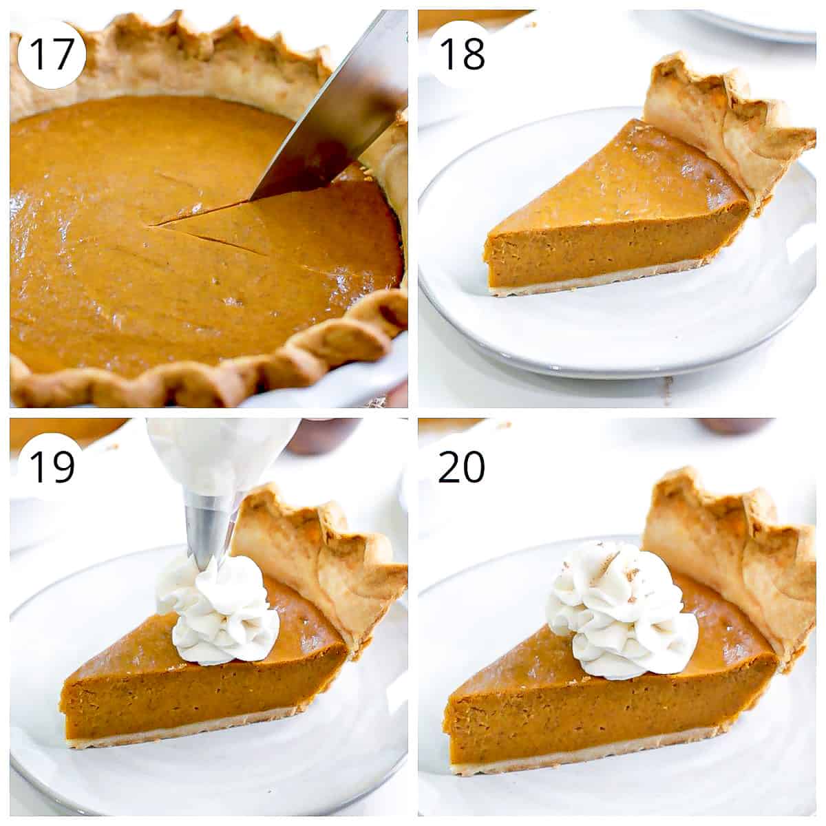 Steps for slicing and serving pumpkin pie with whipped cream frosting