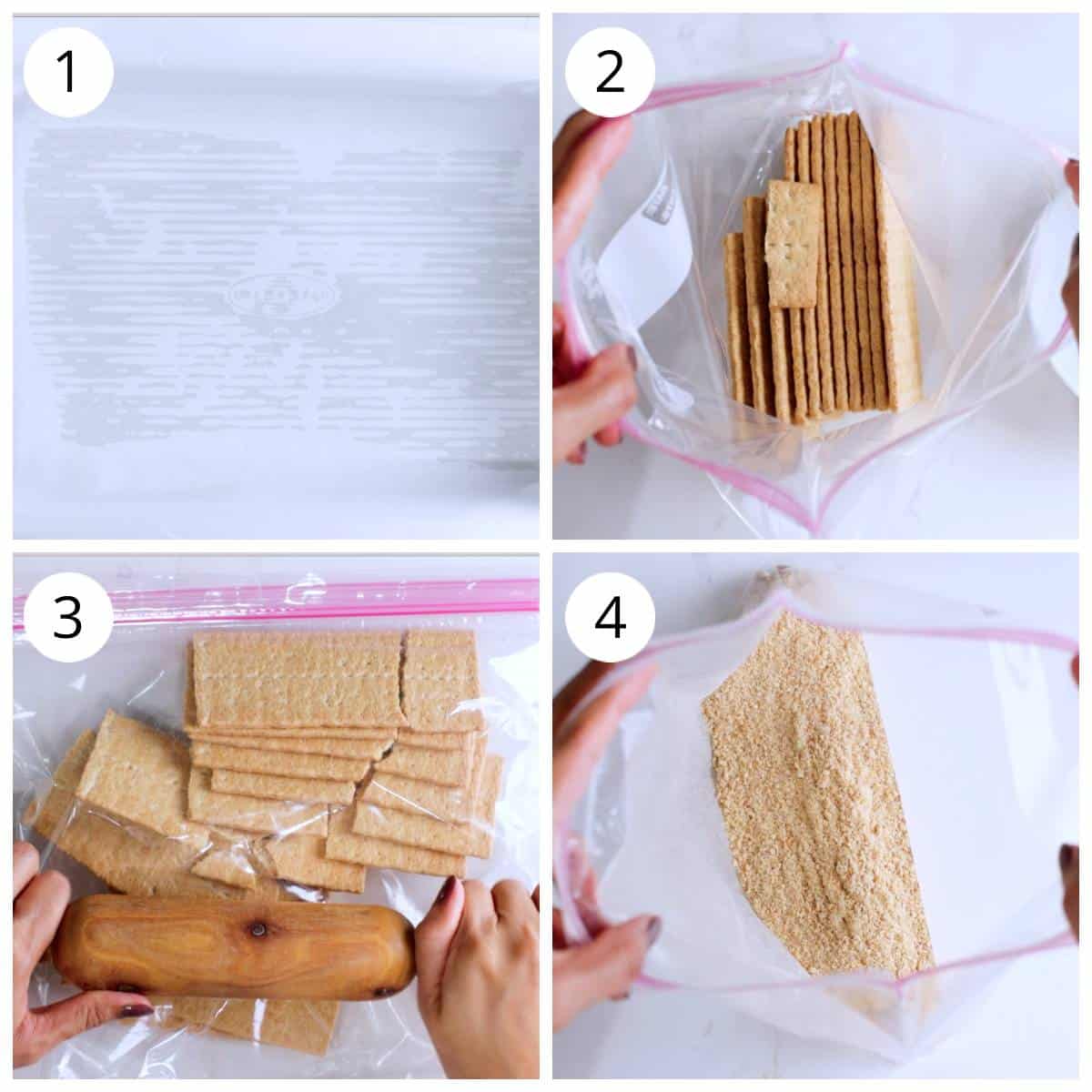 Steps for making Graham cracker crumbs for magic cookie bars base