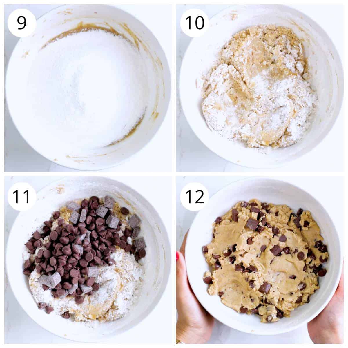 Mix dry ingredients to wet to make eggless chocolate chip cookie dough