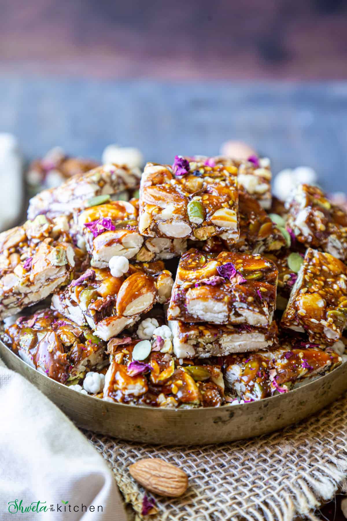 View of piled up dry fruit chikki