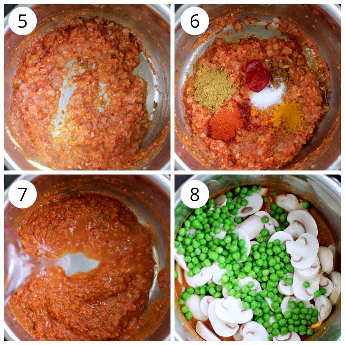 Steps showing making mushroom matar in Instant pot by adding spices, mushroom and peas.
