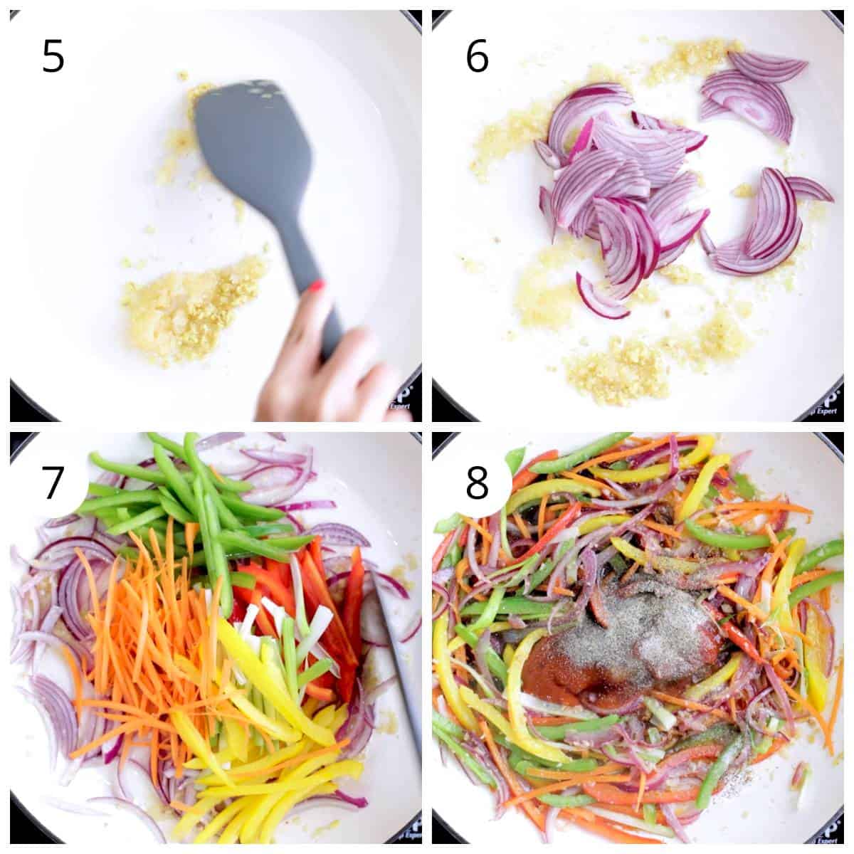 Steps for stir frying vegetables for Veg Noodles