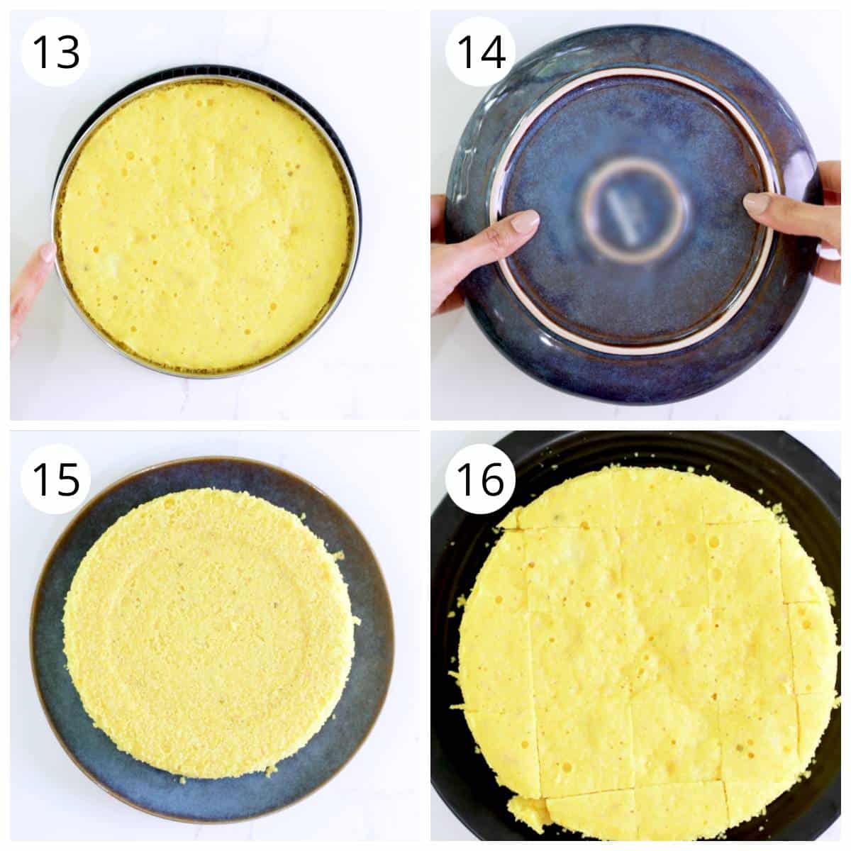 steps showing how to unmold and cut Khaman Dhokla