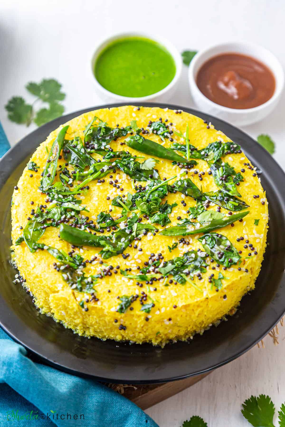 Side view of Khaman Dhokla placed on a black plate with chutney on side