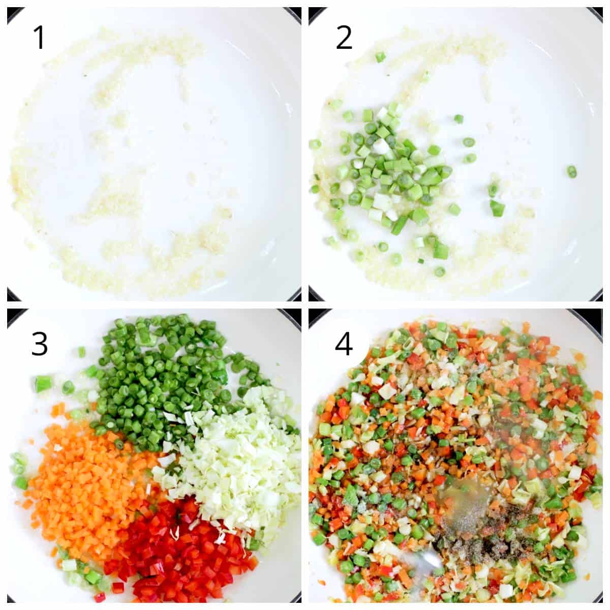 Steps for sautéing veggies for veg fried rice