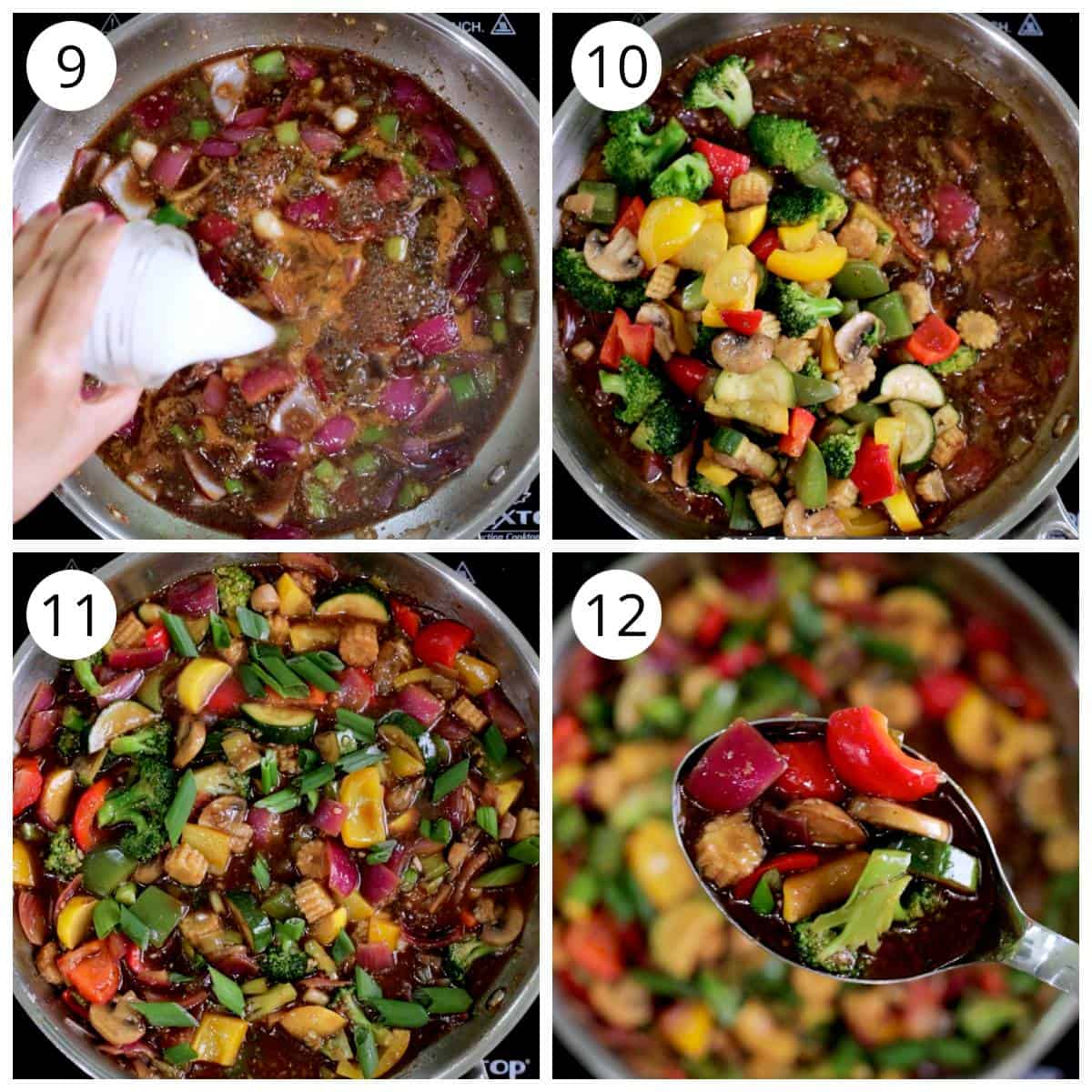 Steps for combining stir fried veggies with hot garlic sauce