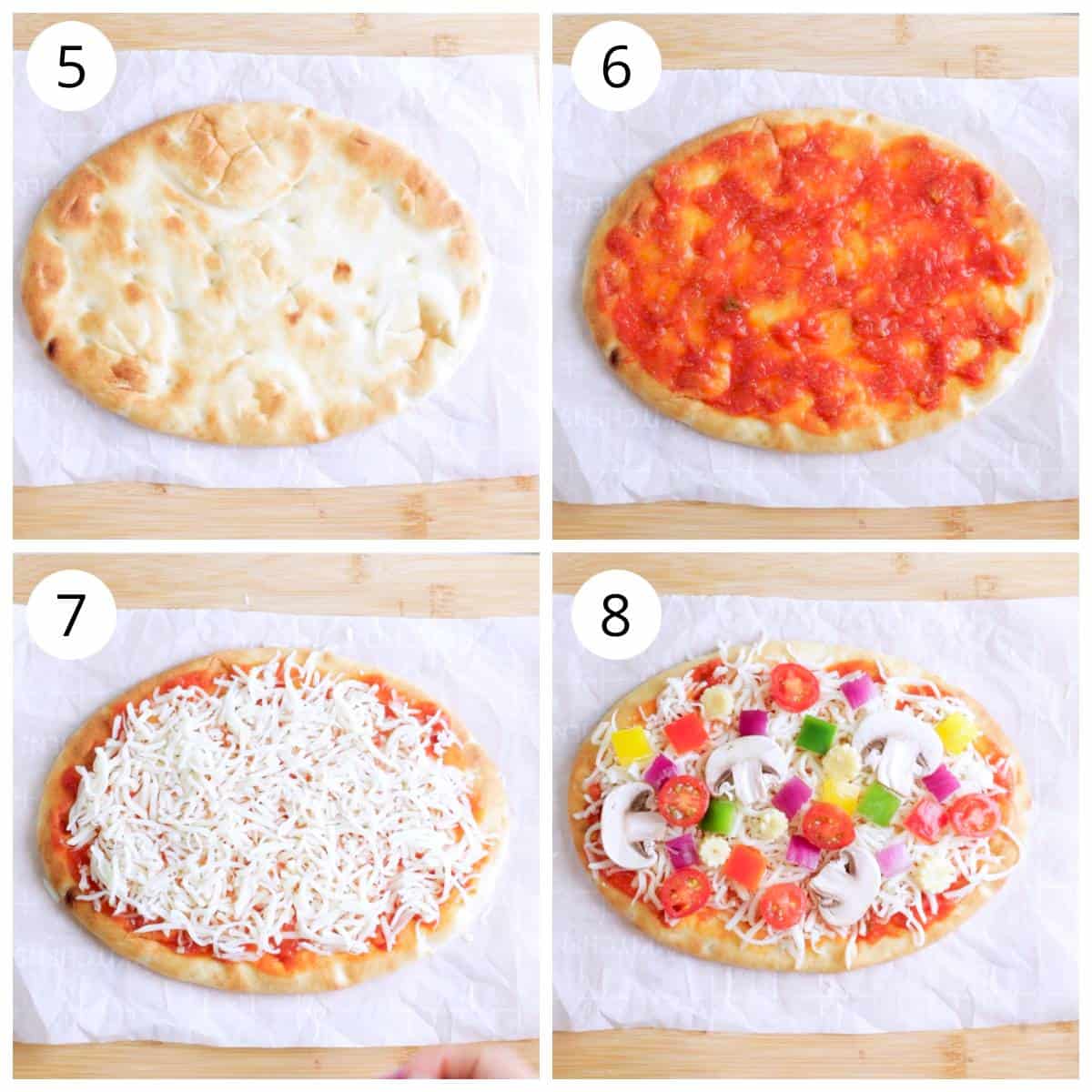 Steps for assembling the sauce, cheese and veggies on naan pizza
