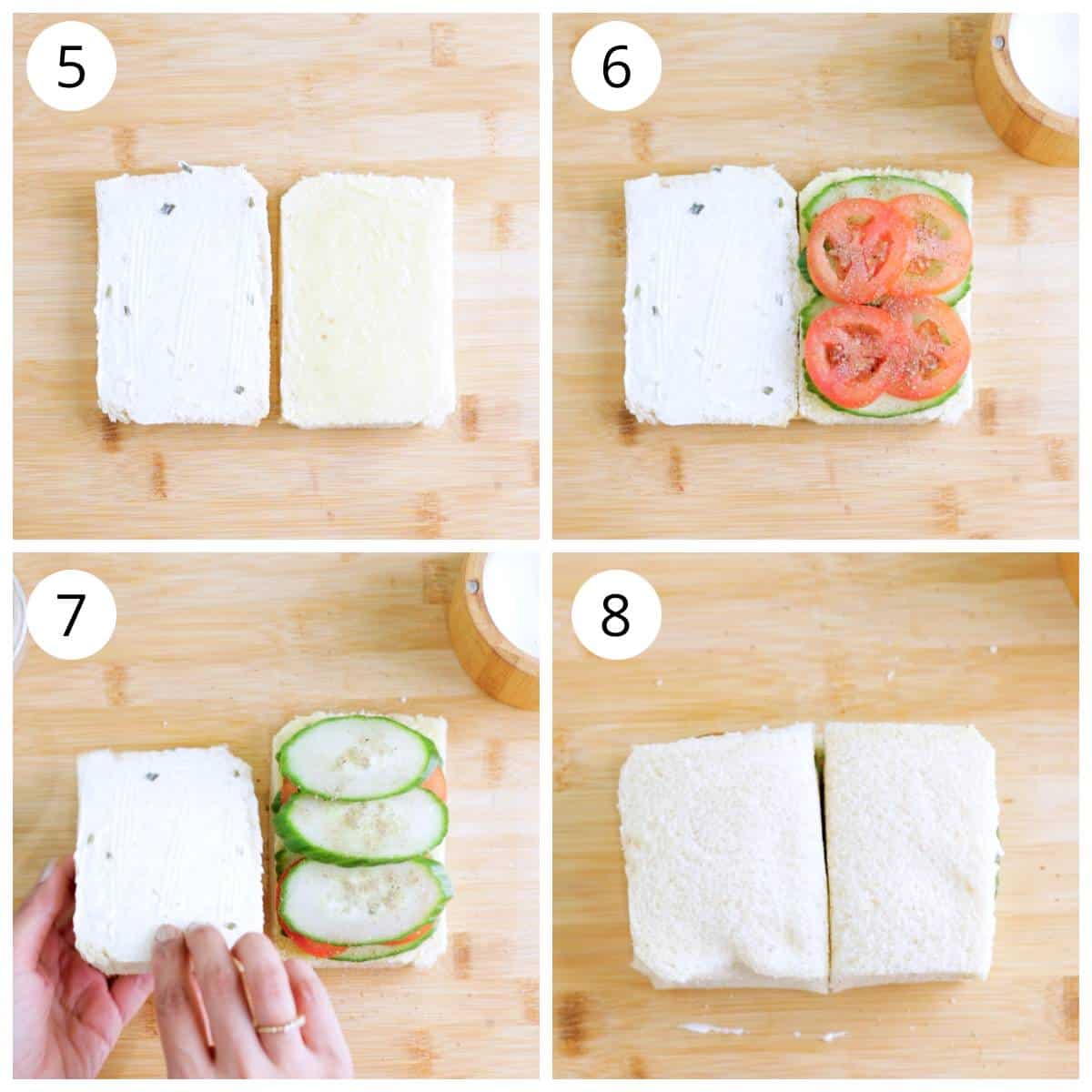 steps showing how to make tomato cucumber sandwich