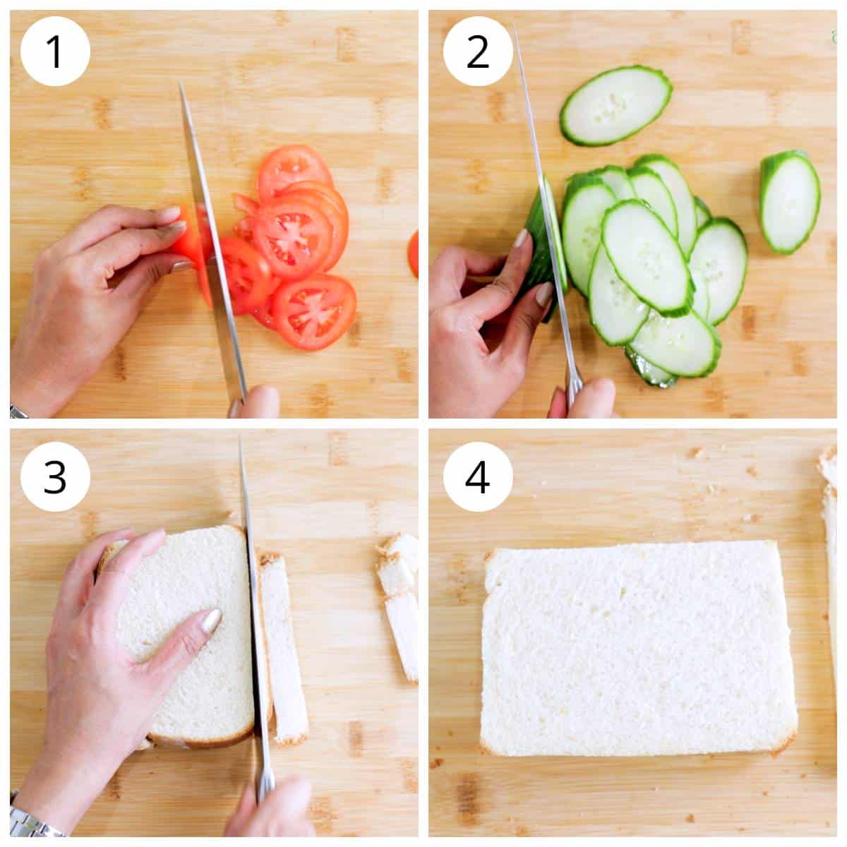 Steps showing cutting tomato, cucumber and bread sides
