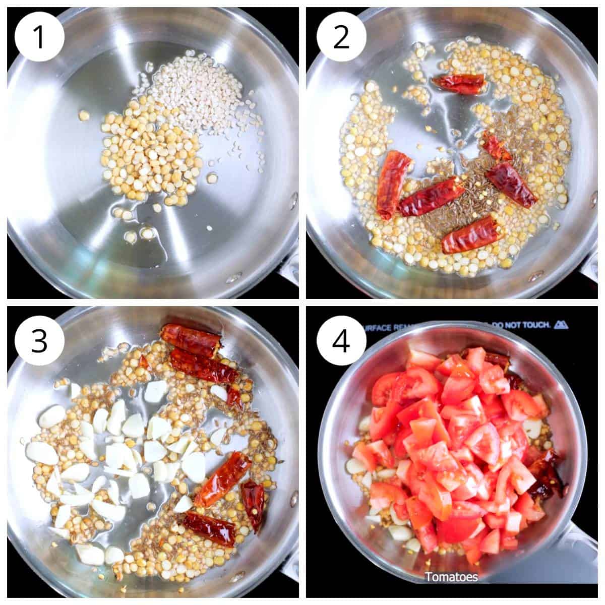 Steps for adding dal, red chilies, garlic and tomatoes for making tomato chutney