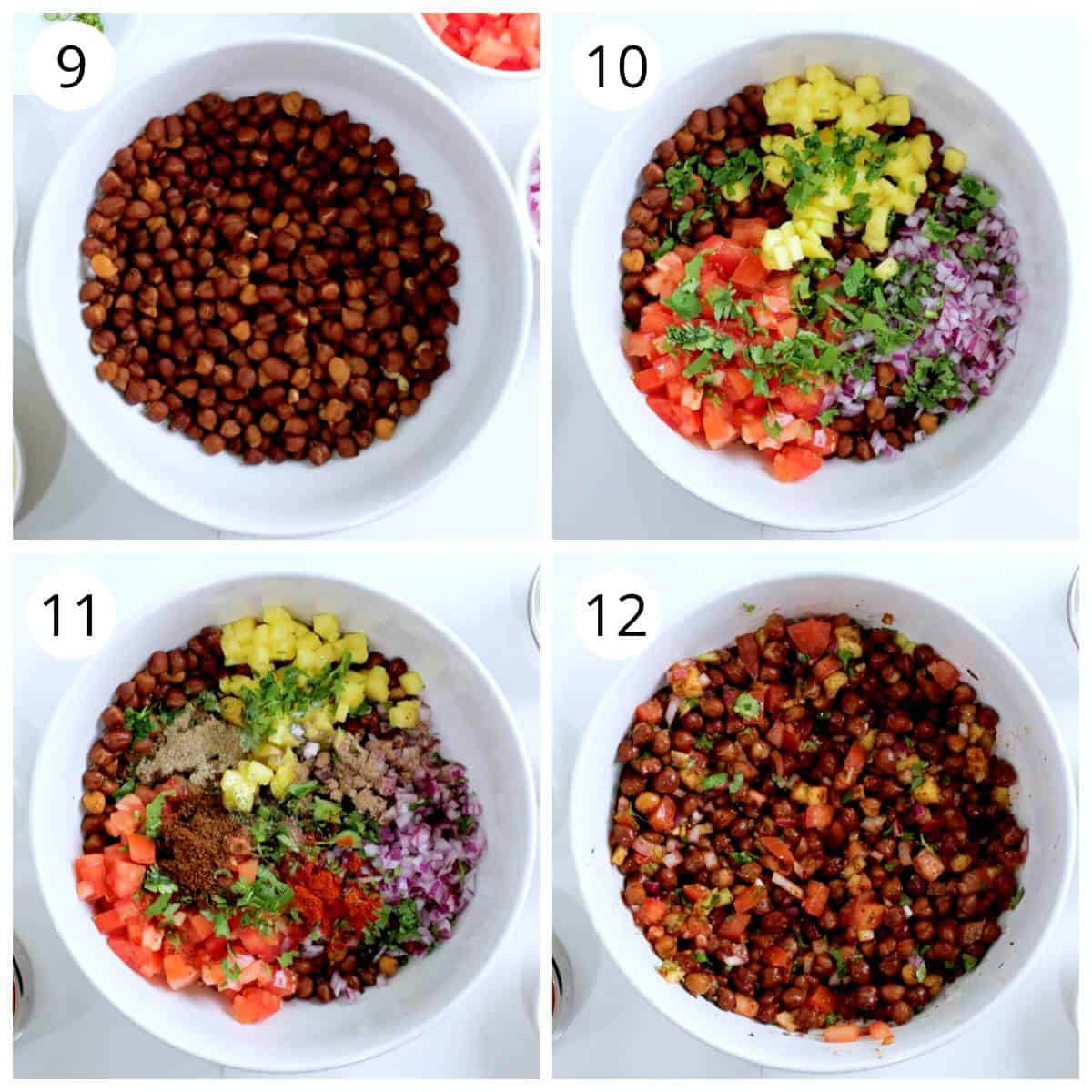 steps for mixing all ingredients in a bowl to make kala chana chaat (salad)