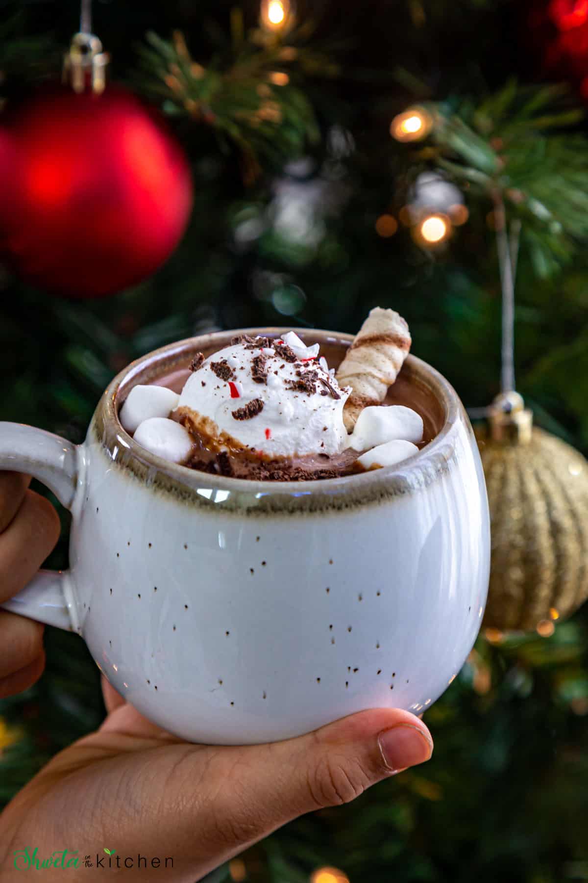 Hot chocolate with toppings held near with Chritmas three in bacckground