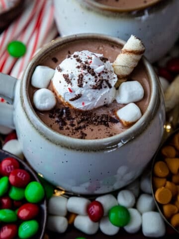 Hot chocolate in a mug topped with cream, marshmallows and rolled wafer