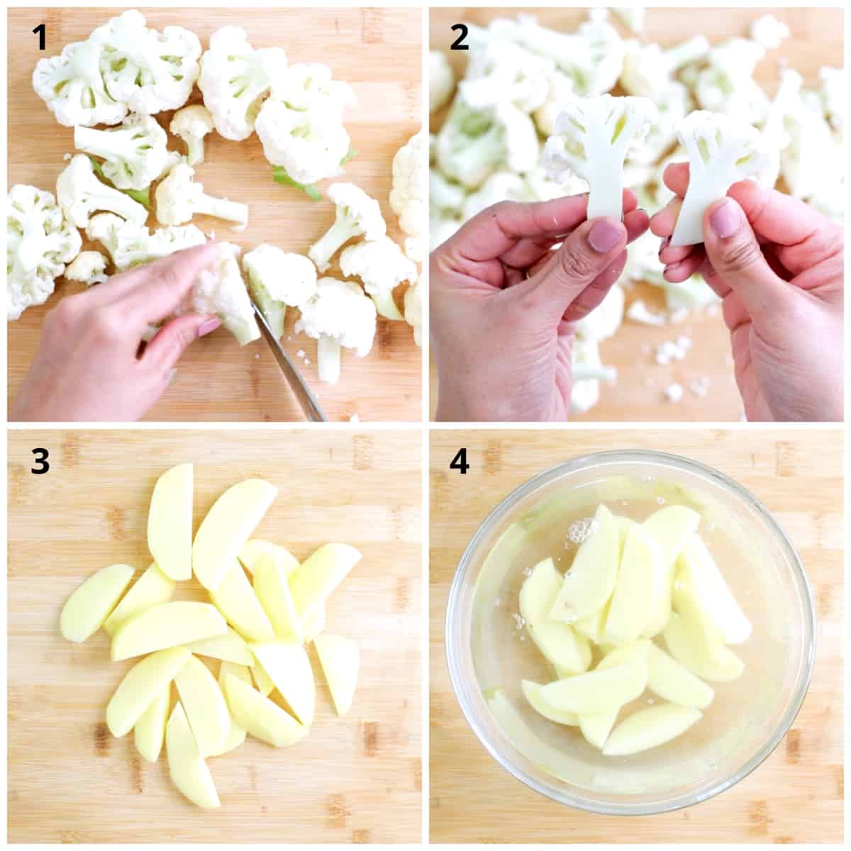 Steps for Chopping cauliflower and potato for aloo gobhi