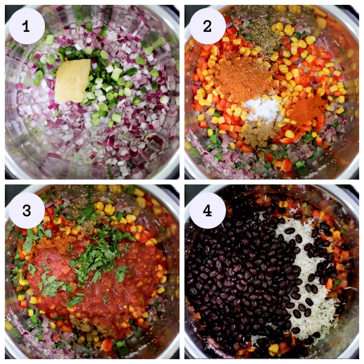 Steps showing adding onions, veggies, spices, rice and beans to make Mexican rice and beans in the instant pot