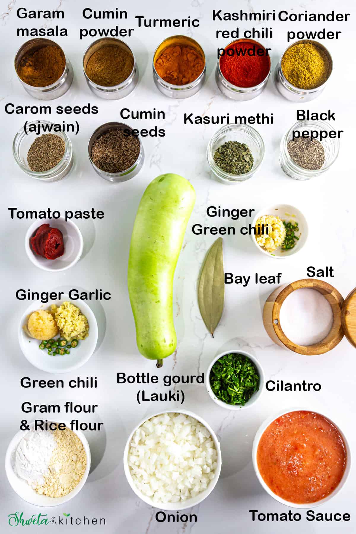 Ingredients for lauki (bottle gourd) kofta curry on white surface 