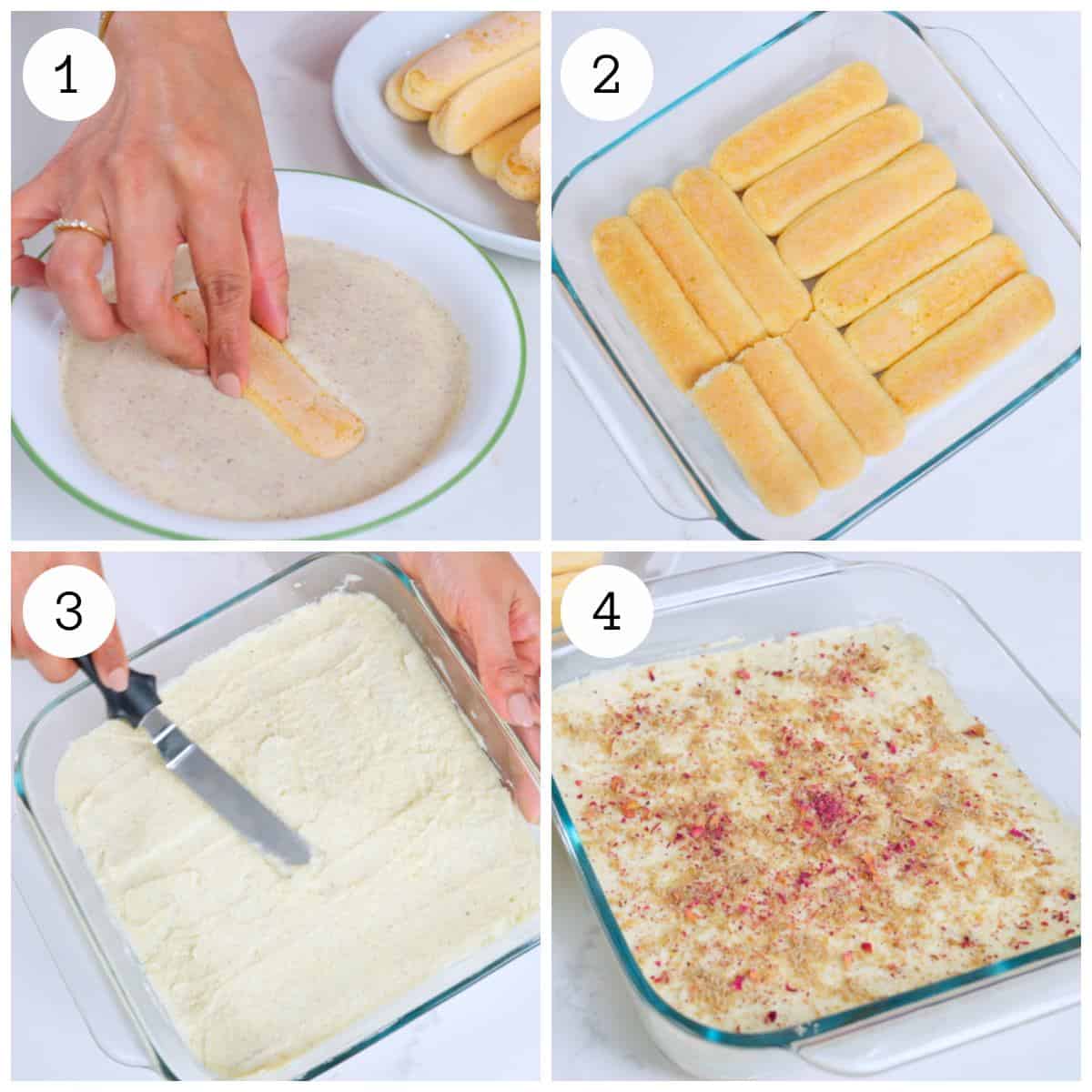 four steps showing layering ladyfingers and cream for Thandai Tiramisu's first layer