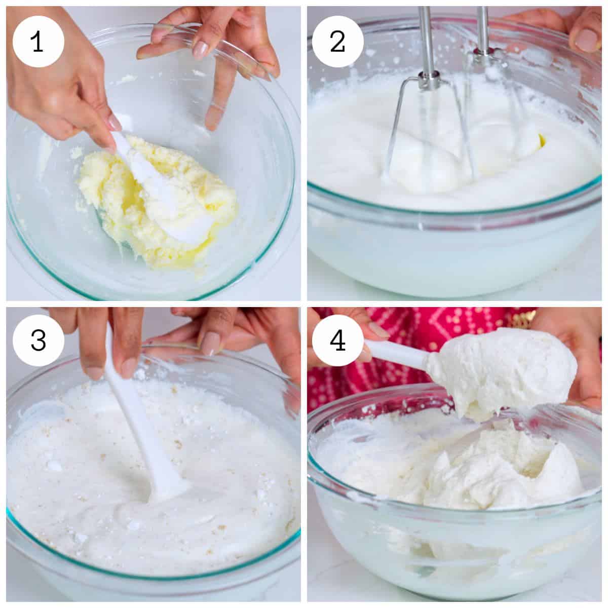 Four steps showing whipping thandai flavored cream