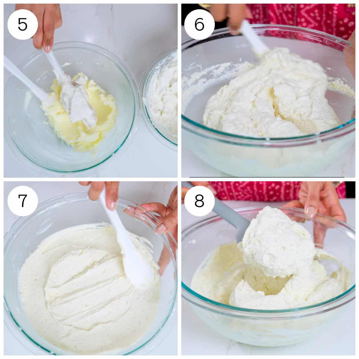 4 steps showing mixing whipped thandai cream with mascaporne cheese